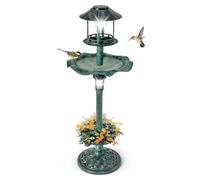 COSTWAY Bain d'oiseaux Énergie Solaire, Décoration d'Extérieur sur Pied Rétro Éclairé avec 2 Lampes Jardinière de Fleurs Mangeoire, Abreuvoir pour Oiseaux Léger pour Jardin (Bronze Vert)
