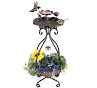 COSTWAY Bain d'oiseaux Énergie Solaire, Décoration d'Extérieur sur Pied Rétro Éclairé avec Piédestal de Jardinière à Fleurs Lumières Solaires, Abreuvoir pour Oiseaux Léger pour Jardin (Bronze)