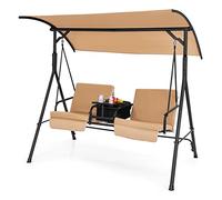 COSTWAY Balancelle de Jardin 2 Places avec Toit Inclinaison Réglable & Coussins Assise, Balancelle d'Extérieur avec Sac Isotherme & Plateau Rotatif & Porte-gobelets, Charge 240 KG, 181x124x161,5cm