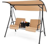 COSTWAY Balancelle hollywoodienne 2 places avec sac isotherme, plateau tournant, toit réglable & coussins amovibles, balancelle de jardin 181x124x161,5cm Marron