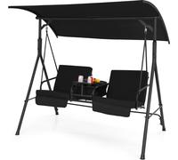COSTWAY Balancelle hollywoodienne 2 places avec sac isotherme, plateau tournant, toit réglable & coussins amovibles, balancelle de jardin 181x124x161,5cm noir