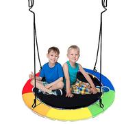 COSTWAY Balançoire Nid d'Oiseau Ø 100CM avec Corde Réglable 100-180CM, Balançoire Soucoupe Intérieur Extérieur avec Lumières LED Coloré en 8 Mode, Charge 300kg pour 2-3 Enfants de 3 Ans+