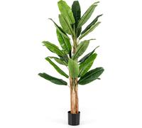 COSTWAY Bananier artificiel 195cm en pot, Plante de bananier avec 27 feuilles & tronc naturel, Arbre artificiel plante artificielle verte
