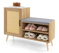 COSTWAY Banc à Chaussures Rembourré avec Porte en Rotin, Meuble à Chaussures 2 en 1, Banc de Rangement 3 Etagères Réglables, Pieds en Pin, Armoire à Chaussures pour Entrée, Couloir, Chambre, Naturel