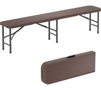 COSTWAY Banc de bière rabattable 180x30x43 cm, Banc de tente à bière en aspect rotin, Banc de jardin de camping en plastique avec poignée de transport, Banc jusqu'à 600kg Marron