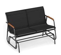 COSTWAY Banc Exterieur Jardin à Bascule, Banc de Jardin, Charge 300 kg, Accoudoirs en Bois de Teck, Coussinets Réglables, Cadre en Métal, Banquette pour Porche Cour Balcon (Noir,115 × 74 × 84 cm)