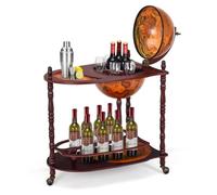 bar globe terrestre vintage mappemonde en bois d'eucalyptus avec 3 roulettes et style Italien du XVIe siècle, 70 x 45 x 88 CM