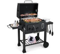 COSTWAY Barbecue à Charbon de Bois Extérieur, Gril au Charbon avec 2 Tables Latérales Pliantes Surface de Cuisson de 0,35 m2 Plateau à Charbon à 6 Positions & Étagère, pour Pique-nique Patio