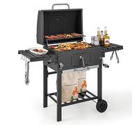 COSTWAY Barbecue à Charbon de Bois Extérieur, Gril au Charbon de Bois Portable avec 2 Tables d'Appoint Pliables 8 Crochets 2 Roues Ouvre-Bouteille pour Pique-nique, Camping, Patio
