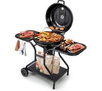 COSTWAY Barbecue à Charbon de Bois Extérieur Portable 57 cm-Collecteur de Cendres-2 Étagères Latérales-Thermomètre Intégré-2 Roues