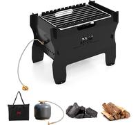 COSTWAY Barbecue au charbon de bois & barbecue au gaz 2 en 1, foyer portable avec grille en acier inoxydable & sac de transport, petit barbecue de camping, barbecue de table en métal