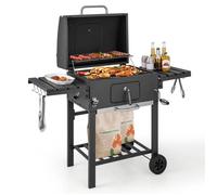 COSTWAY Barbecue Charbon de Bois,Grille Chauffante,2 Roues 2 Tables Latérale avec Crochets, Ouvre-Bouteille Pliables Extérieur