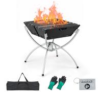 COSTWAY Barbecue de camping 3 en 1, foyer pour bois de chauffage & charbon de bois avec grilles de cuisson en acier inoxydable, sac de transport & gants, bac à feu portable 45x45x49cm