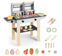 COSTWAY Barbecue Enfant en Bois avec 19 Accessoires, Jouet Barbecue Grill avec Ustensiles et Aliments Factices, Couvercles Rabattables, Cadeau Cuisine pour Garçons Filles de 3 Ans+