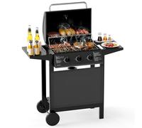 COSTWAY Barbecue Gaz Propane 3 Brûleurs, 24,000 BTU Gril à Gaz Extérieur avec Grilles en Acier Inoxydable Thermomètre 2 Tables Latérales, Chariot à Barbecue sur Roulettes pour Camping Jardin