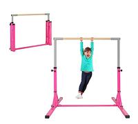 COSTWAY Barre de Gymnastique Pliable pour Enfants avec 13 Hauteurs Réglables (90-150cm), Barre d'Entraînement Junior Extensible avec Structure Triangulaire, Charge 100kg pour Maison Salle de Gym(Rose)