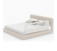COSTWAY Barrière de Lit Enfant avec Sangles en Y, Barrière de Sécurité Pliable, Hauteur Réglable, Housse Amovible en Tissu Oxford, Maille Respirante, Base en U Robuste, Boucle (178x60cm,Blanc)