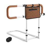 COSTWAY Barrière de Lit Pliante pour Seniors, Barre d'Assistance pour Lit avec Largeur/Hauteur Réglables Poche Amovible Poignées Rembourrées Sangle de Fixation, pour Personnes Âgées (Blanc+Marron)