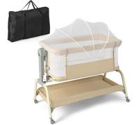 COSTWAY Berceau Cododo Bébé Portable 4 en 1 Matelas,Filet,Panier de Rangement, 2 Sangles Elastiques Hauteur Réglable 0-6 Mois Beige