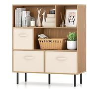 COSTWAY Bibliothèque 6 Cubes, Étagère 3 Niveaux, 3 Tiroirs Pliables Amovibles en Tissu, Kits Anti-basculement, Pieds en Métal, Organisateur de Rangement Moderne pour Salon, Bureau, Chambre (Naturel)