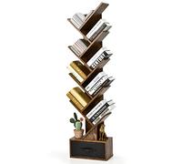 COSTWAY Bibliothèque à 10 Niveaux en Forme Arbre avec Tiroir Tissu Pliable Style Industriel, Bibliothèque Meuble de Rangement Marron Rustique pour Salon, Bureau, Chambre(Marron)