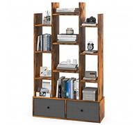 COSTWAY Bibliothèque à 12 Niveaux avec 2 Tiroir Amovible, Étagère 12 Compartiments pour Livres CD Manga, Dispositif Anti-Bascule Inclus, pour Salon Bureau, 81x24x132cm(Marron Rustique, 3 Colonnes)