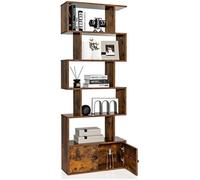 CostwayBibliothèque Étagère Échelle en Bois à 6 niveaux avec 2 Portes 70 x 23 x 183 cm Style Moderne Forme en S Marron Rustique