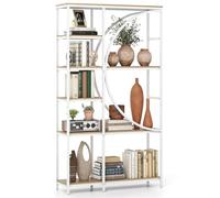 COSTWAY Bibliothèque à 6 Niveaux en Métal (Naturel+Blanc) | Étagère de Rangement Ouverte, Dispositif Anti-basculement & Patins Réglables, Présentoir pour Salon, Bureau