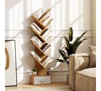COSTWAY Bibliothèque à 8 étages en forme d'arbre, 38x21,5x149,5cm Étagère sur pied avec tiroir, étagère pour CD et DVD, étagère décorative pour chambre à coucher, salon Naturel