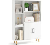 COSTWAY Bibliothèque à double portes, 119 cm Étagère sur pied avec 5 compartiments ouverts & armoire de rangement, Vitrine moderne avec pieds en métal blanc
