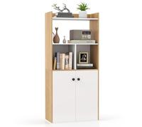 COSTWAY Bibliothèque, Armoire à Double Porte avec Étagère Ouverte, Dispositif Anti-basculement, Meuble de Rangement pour Salon, Bureau, Chambre, 60 x 30 x 140 cm (Naturel)