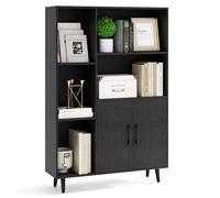 COSTWAY Bibliothèque avec 2 Portes et 5 Compartiments Ouverts, Armoire de Rangement, Vitrine Moderne avec Pieds en Métal, Rangement pour Salon, Salle à Manger, Cuisine, Bureau (Noir Veiné)