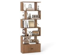 COSTWAY Bibliothèque avec 5 Etagères en Forme de S | Étagère de Rangement avec Compartiments 2 Portes pour Salon, Bureau, Chambre, 70 x 23 x 183 cm, Naturel