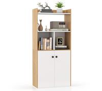 COSTWAY Bibliothèque avec armoire à double porte, étagère de rangement haute à 3 étages avec compartiments ouverts, armoire à porte indépendante 60 x 30 x 140 cm