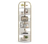 COSTWAY Bibliothèque d'angle à 6 Niveaux 181,5 cm, Étagère d'angle Autoportante avec Cadre Métallique Robuste, Support pour Plantes pour Salon Chambre Bureau (Blanc+Or)