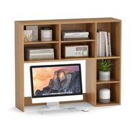 COSTWAY Bibliothèque de Bureau pour Moniteur jusqu'à 27", Etagère de Table avec 3 Étagères Réglables et Compartiment Ouvert, Dispositif Anti-Basculement, pour Maison, Bureau (Naturel)