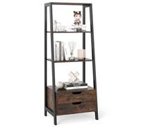 COSTWAY Bibliothèque Échelle avec Rangement, Grande Bibliothèque d'Exposition Autoportante avec 4 Étagères Ouvertes et 2 Tiroirs, Polyvalente pour Chambre, Salon, Bureau à Domicile (Marron Rustique)