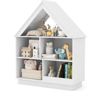COSTWAY Bibliothèque en forme de maison, étagère à jouets en bois à 5 compartiments avec protection anti-basculement, étagère d'exposition ouverte à 3 niveaux pour jeunes enfants