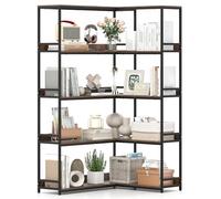COSTWAY Bibliothèque en L à 5 Niveaux, Bibliothèque d'angle, Étagère 180 cm avec Cadre en Métal, Étagère de Rangement Ouverte Industrielle, Étagère d'angle pour Salon, Bureau, Brun Rustique