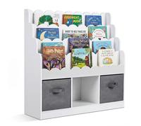 COSTWAY Bibliothèque Enfant à 4 Niveaux avec 3 Compartiments, Étagère à Livres avec 2 Tiroirs en Tissu, Kits Anti-Basculement, Meuble Rangement Jouet pour Chambre Salle de Jeux, 90x30x91,5cm