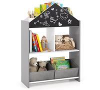 COSTWAY Bibliothèque Enfant avec Tableau Noir & Blanc, Étagère à Livres Enfants avec 2 Tiroirs en Tissu, Kit Anti-basculement, Étagère à Jouets pour Salle de Jeux Chambre d’Enfant (Gris)