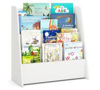 COSTWAY Bibliothèque Enfant en Bois avec 4 Compartiments Ouverts, Étagère à Livres avec Structure Trapézoïdale & Patins Antidérapants, Meuble de Rangement Jouet pour Bureau Chambre d’Enfant (Blanc)