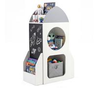 COSTWAY Bibliothèque Enfant en Forme Fusée avec 2 Tableaux Noir | Étagère Ouverte, Maison pour Chat, Balle Suspendue & 2 Tapis en Feutre, Étagère à Livres Enfant à 3 Niveaux pour Salle Crèche