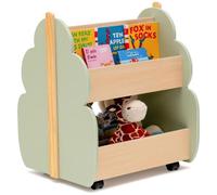 CostwayÉtagère Rangement pour Enfants Bibliothèque en Bois 2 Niveaux avec Roues Universelles pour Livres Jouets Charge MAX. 49KG Vert