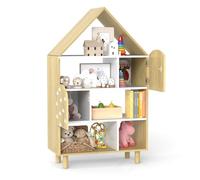 COSTWAY Bibliothèque Enfants en Forme Maison avec 2 Armoires & 5 Compartiments, Étagère de Rangement Enfant avec Pieds en Bois Massif & Dispositif Anti-basculement pour Jouet Livres, Naturel