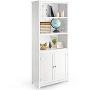 COSTWAY Bibliothèque, Meuble de Rangement sur Pieds avec 3 Compartiments Ouvertes, Étagères Réglables, Placard 2 Portes à 2 Niveaux et Dispositif Anti-Dumping, 74,5 x 35,5 x 181,5cm, pour Salon/Bureau