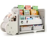 COSTWAY Bibliothèque pour enfants avec motif de voiture, étagère pour enfants avec 4 niveaux & 2 boîtes de rangement, organisateur de jouets pour chambre d'enfant, 108 x 35 x 63,5 cm