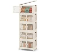 COSTWAY Boîte Rangement Plastique 265 L, 5 Caisses Pliables avec Couvercles, 4 Roulettes, Boite de Rangement Empilable pour Vêtement, Livres, Jouets, Poignée, Porte Magnétique, Montage Facile (265 L)