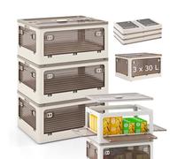 COSTWAY Boîte Rangement Plastique 90L, 3 Caisses Rangement Pliables avec Petite Roulettes, 5 Côtés Rabattables, Bac Plastique avec Couvercle pour Jouets, 3 x 30 L