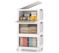 COSTWAY Boîtes Rangement Plastique 75/105 L, Caisses Rangement Pliables avec Roues, Porte, Couvercle, Poignée Anneaux, Porte Magnétique, Rangement Vetement, Livres, Jouet (105 L)